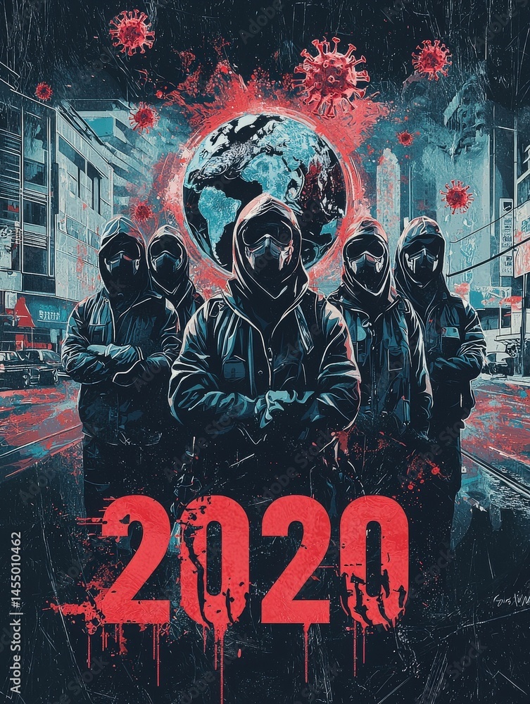 The artwork portrays masked figures standing in an urban environment, symbolizing the struggles of 2020. A globe surrounded by viral elements emphasizes the global pandemic impacting humanity.