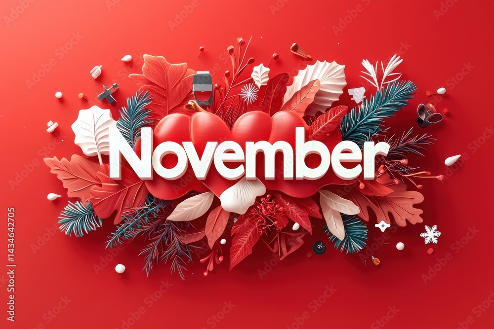 The artwork showcases the word November in bold letters, surrounded by a vibrant arrangement of red leaves, pine branches, and decorative elements, creating a festive atmosphere.