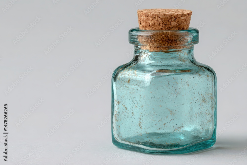 The clear blue glass bottle sits on a light gray surface. Its vintage style is highlighted by a natural cork stopper, creating an elegant and simple display.