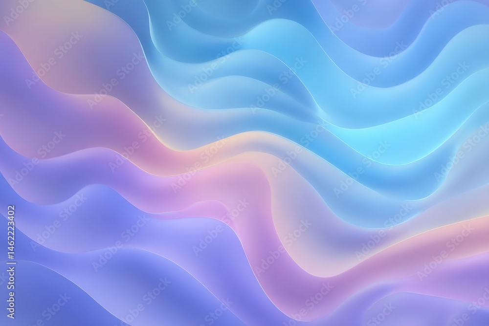 The composition features flowing waves in shades of blue, pink, and purple, blending harmoniously to create a tranquil and elegant visual effect. The soft curves evoke a sense of calm and serenity.