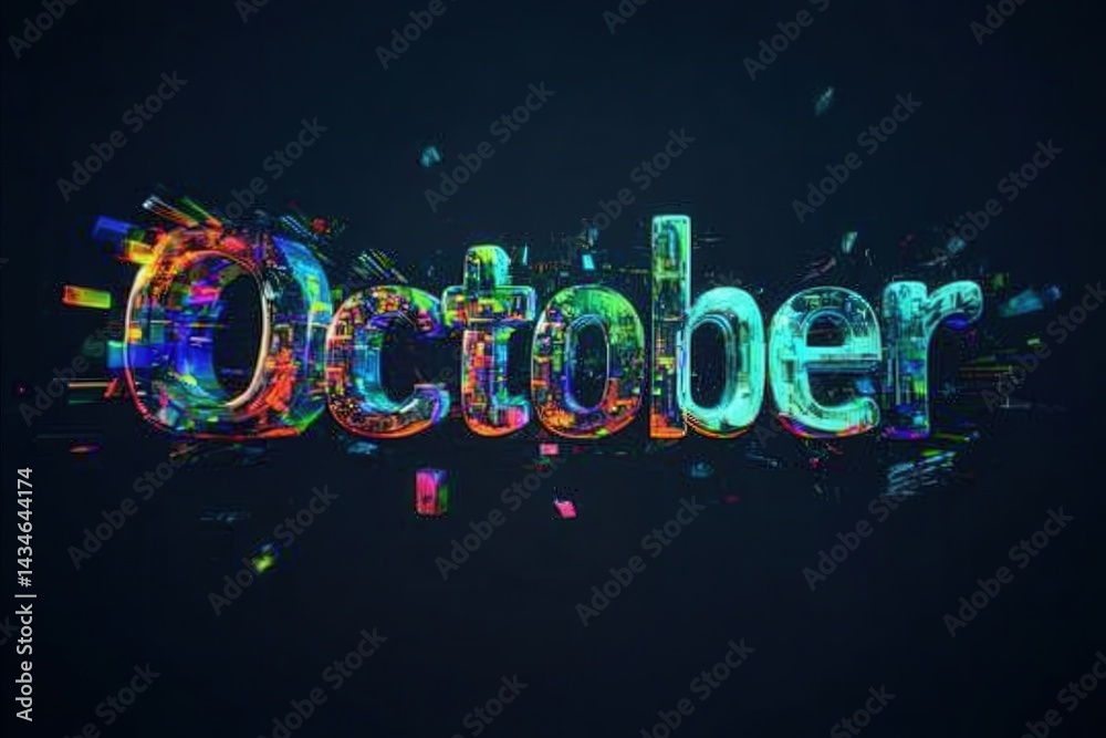 The graphic displays the word October in bold, vibrant letters. The letters are surrounded by colorful abstract effects, creating a dynamic and engaging visual.