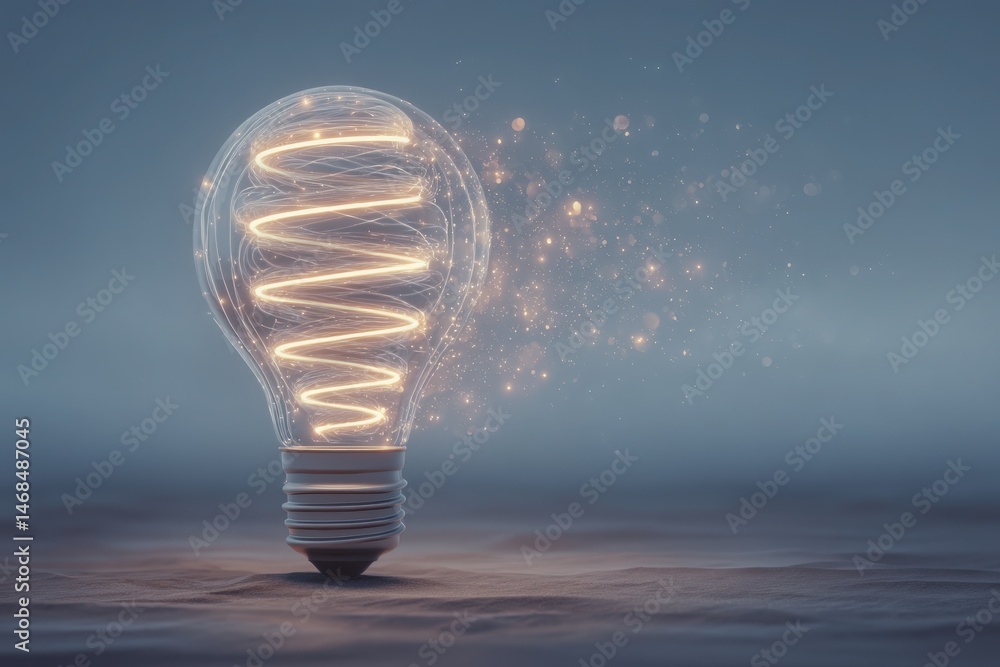 The light bulb features a spiral filament glowing warmly. Sparks radiate from the bulb, creating an enchanting atmosphere against a soft blue background that adds tranquility to the scene.