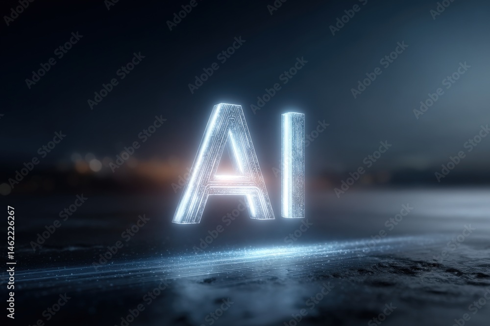 The scene features luminous letters spelling AI, set against a dark backdrop. Soft light illuminates the letters, creating a sleek and modern aesthetic typical of technological themes.