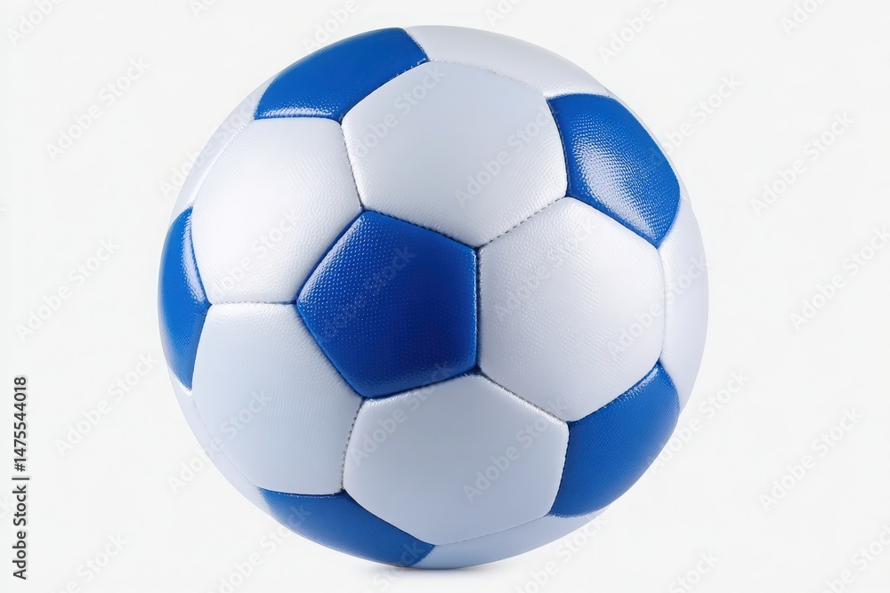 The soccer ball features a traditional design with alternating blue and white panels. It is positioned on a light background, emphasizing its shape and texture, ideal for sports enthusiasts.