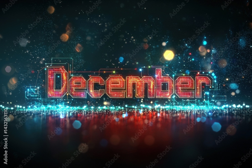 The word December is illuminated with vibrant lights against a dark backdrop, creating a festive atmosphere. Sparkles and a soft glow enhance the overall visual appeal.