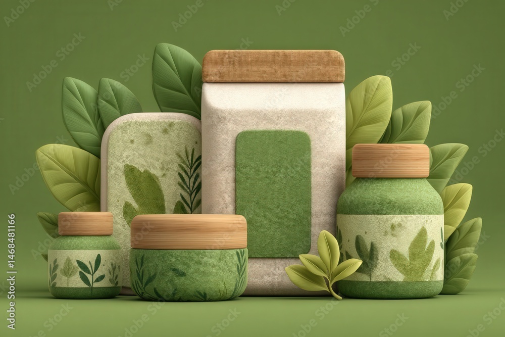This arrangement features various eco-friendly containers in shades of green, adorned with botanical patterns. Set against a leaf-filled backdrop, it exudes a tranquil and sustainable aesthetic.