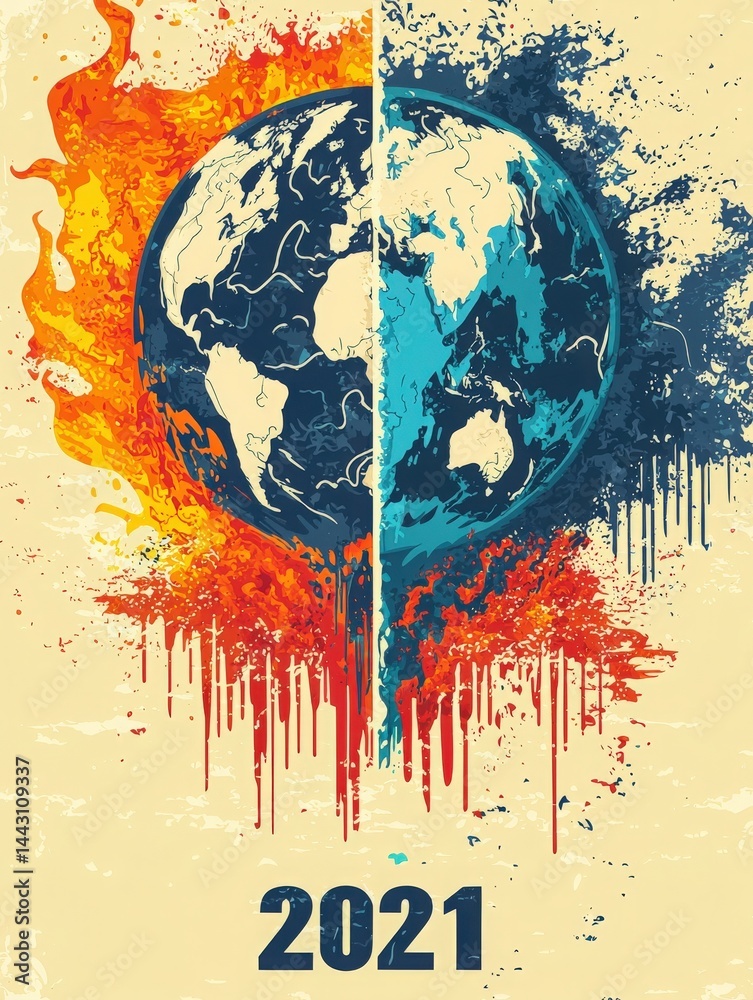 This artwork depicts the Earth split in half, with one side representing fire and destruction, and the other side signifying water and sustainability. It emphasizes the climate issues faced in 2021.