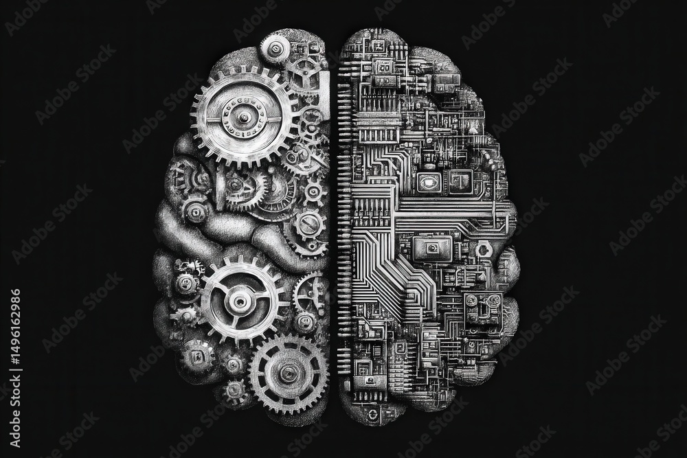 This artwork features a brain divided into two halves, one side filled with intricate gears and machinery while the other side displays complex circuitry.