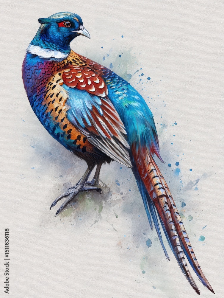 This artwork features a male pheasant with striking blue and copper feathers. The bird stands confidently, surrounded by soft splashes of color that enhance its beauty.
