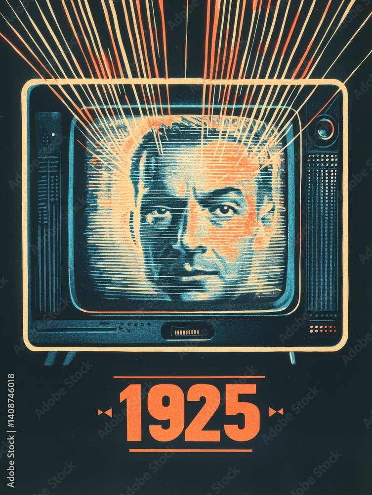 This artwork features a stylized portrait of a man emanating from an old television.