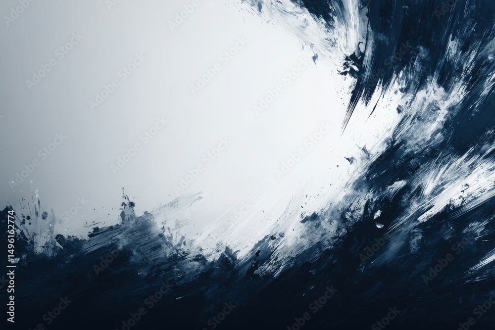 This artwork features energetic brush strokes blending dark blue and white colors, creating a sense of movement and depth. The contrasting shades evoke emotion and intrigue in viewers.