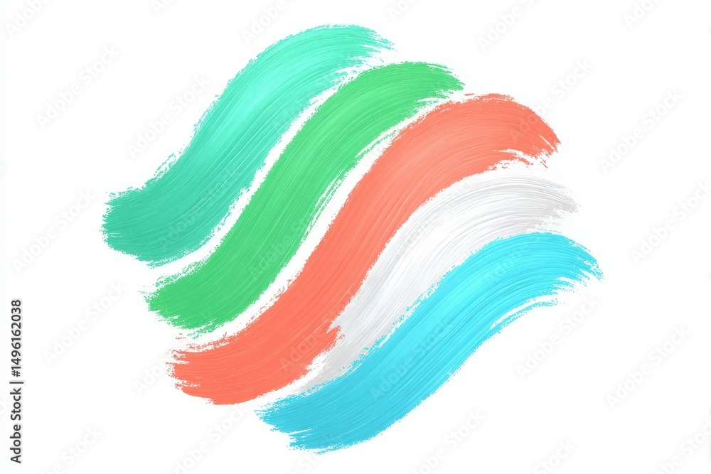 This artwork features swirling brush strokes in green, coral, blue, and white. The dynamic colors blend together, showcasing a lively abstract design that evokes creativity and energy.