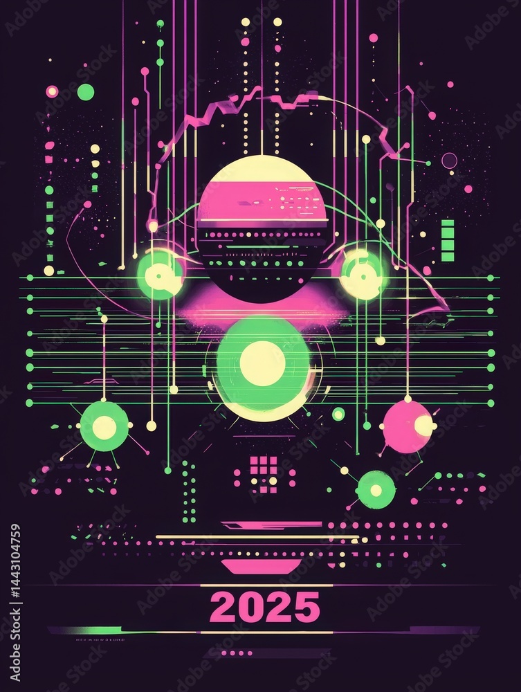 This artwork illustrates a vibrant and intricate design featuring circular shapes and lines in neon colors. It combines elements of technology and a futuristic aesthetic.