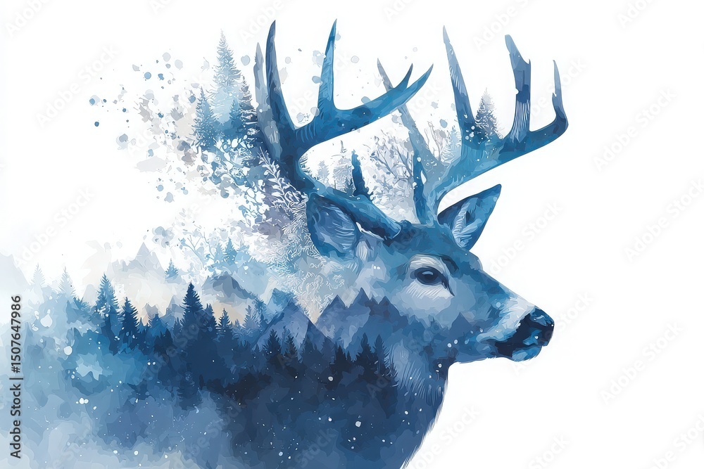 This artwork showcases a majestic deer with its antlers blending into an abstract forest scene. The cool blue tones create a serene and mystical atmosphere.