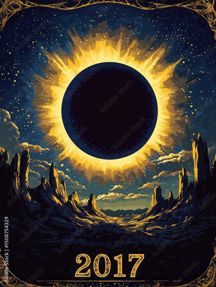 This artwork showcases a solar eclipse viewed over a dramatic landscape, featuring a darkened sun surrounded by a radiant halo.