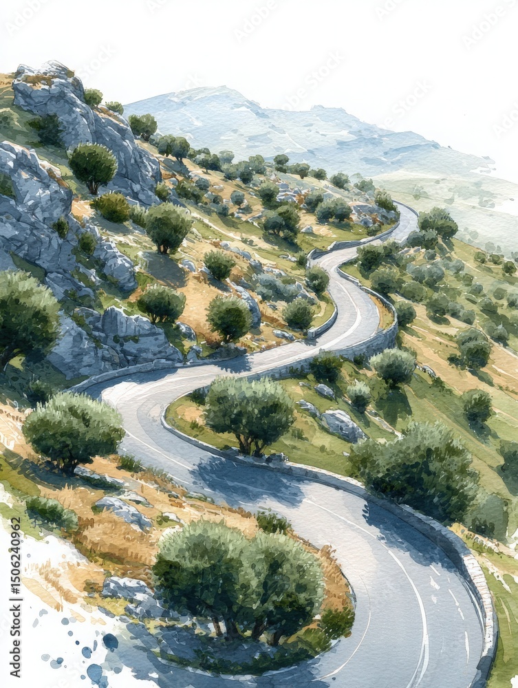 This artwork showcases a winding road gracefully traversing a hilly terrain. Lush trees dot the landscape amidst rocky outcrops under a bright sky. The scene captures a tranquil atmosphere.