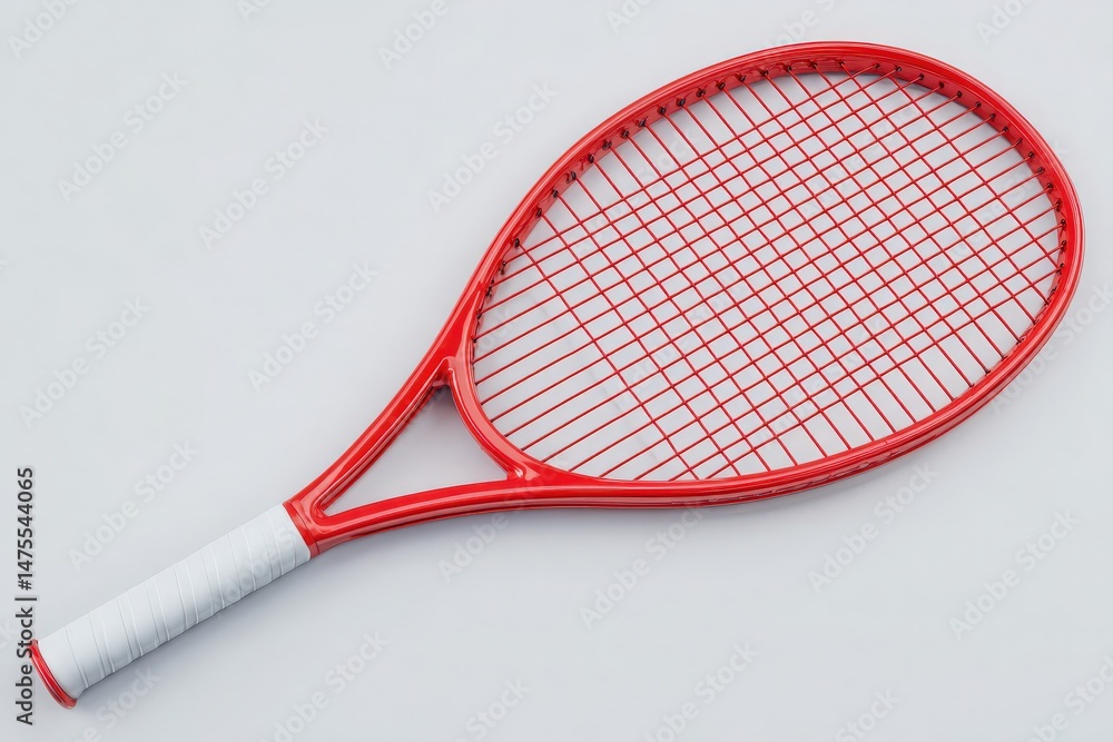 This bright red tennis racket features a traditional grid pattern and a comfortable grip, showcasing its sleek design and vibrant color, perfect for practice or competitive play.