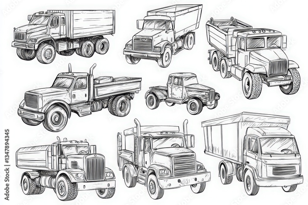 This collection showcases a variety of trucks, including dump trucks, flatbeds, and haulers. Each vehicle is intricately drawn, highlighting their unique features and designs.