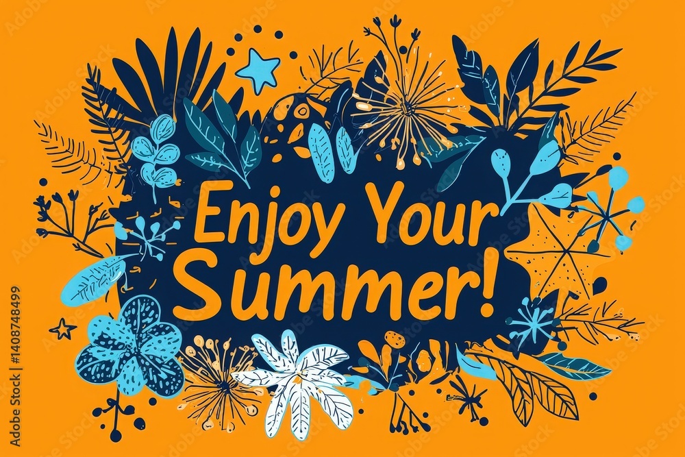 This colorful artwork showcases a lively collection of plants and flowers surrounding the cheerful phrase Enjoy Your Summer! against a bold orange background, embodying a festive summer spirit.