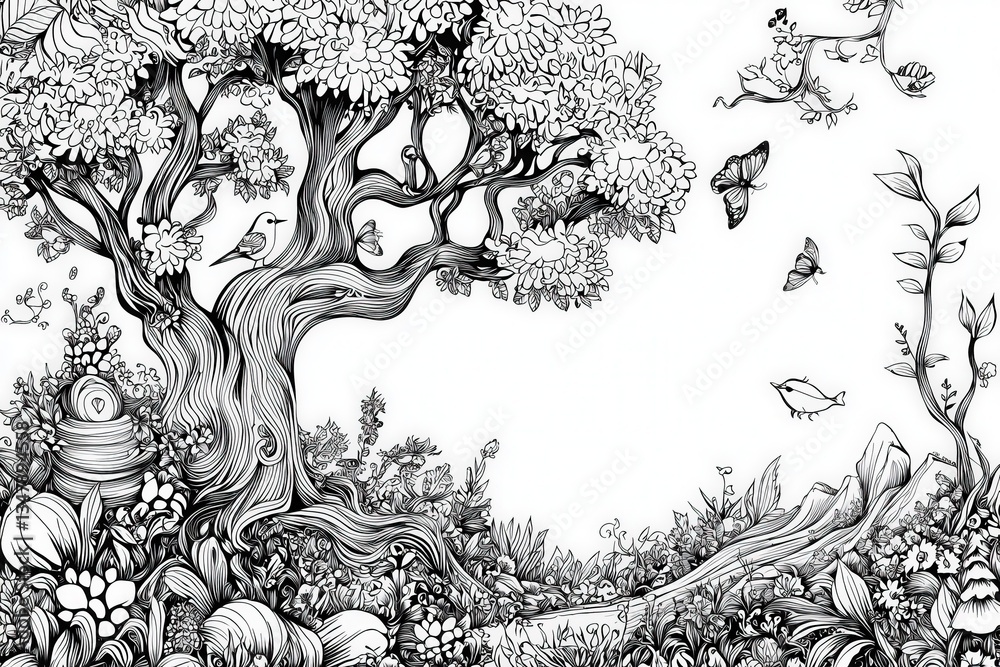 This composition showcases a detailed garden filled with lush plants, intricate flowers, and various wildlife including birds and butterflies.