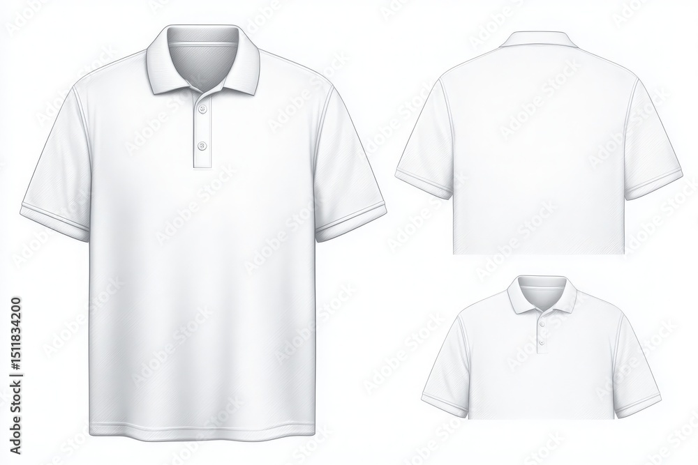 This design showcases a plain white polo shirt with a classic collar and two buttons. The front and back views highlight its casual style, suitable for various occasions or branding purposes.