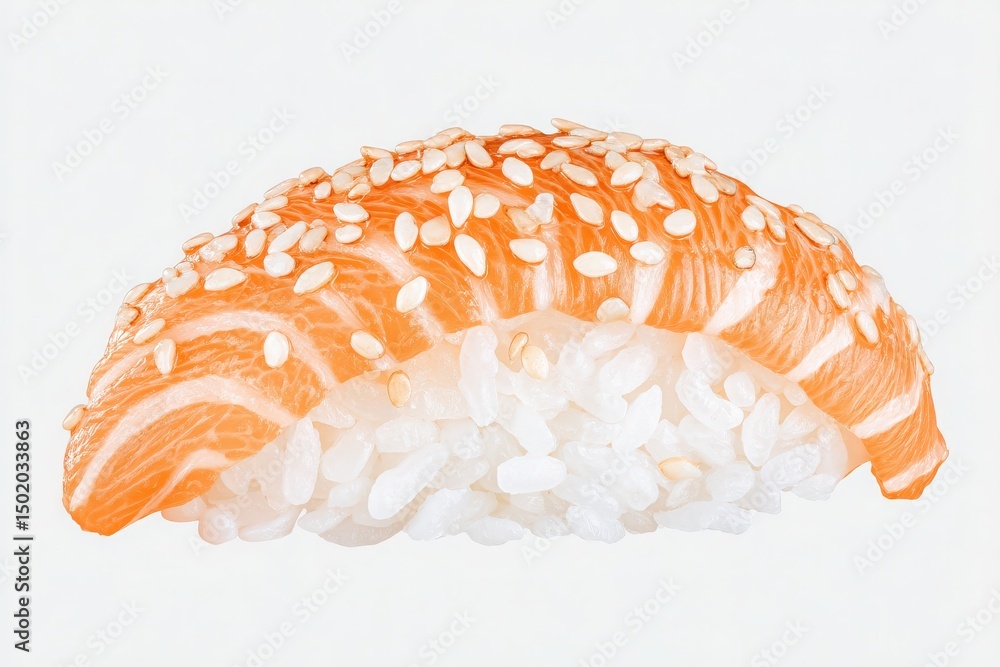 This dish features a carefully crafted sushi piece with salmon delicately sliced and garnished with sesame seeds atop a bed of sticky white rice, showcasing traditional Japanese cuisine.