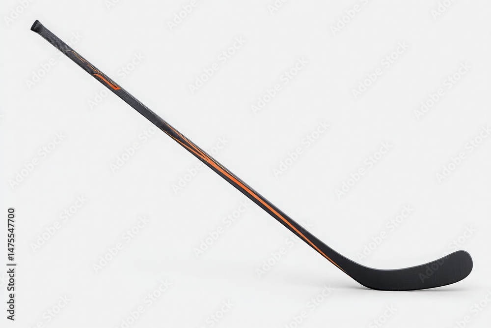 This hockey stick features a sleek black design with vibrant orange accents. It is intended for use in ice hockey, showcasing advanced technology for optimal performance.