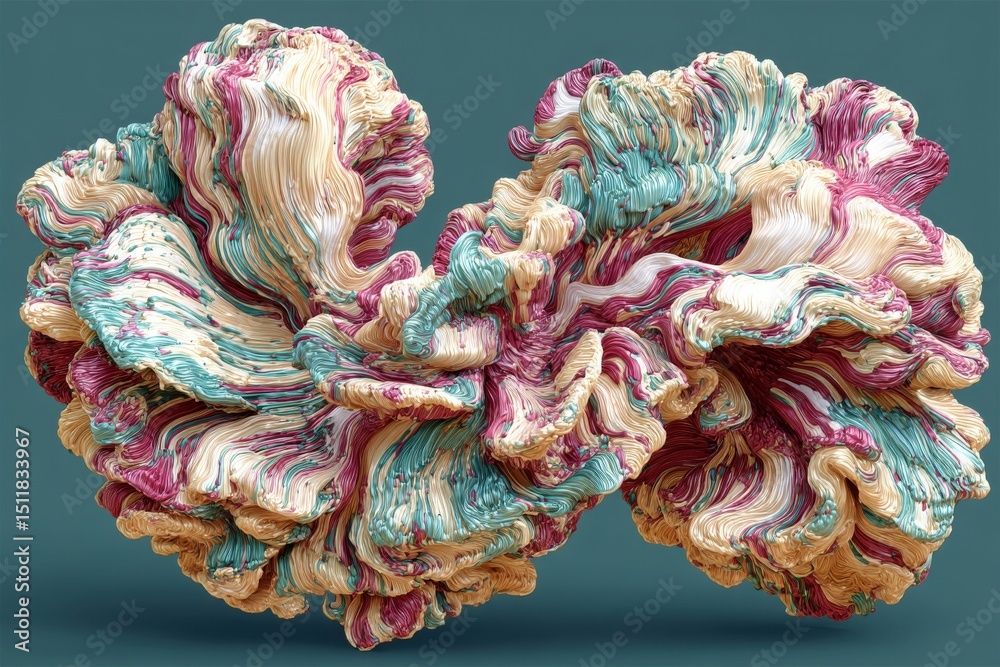 This intricate artwork features a flowing abstract design with vibrant colors of teal, pink, and cream. The sculpture showcases detailed textures that mimic natural forms and movement.