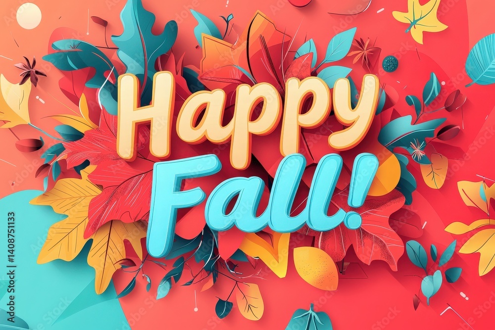 This lively artwork captures the essence of autumn, featuring bold text that says happy fall surrounded by a variety of colorful leaves. Warm tones evoke the spirit of the season.