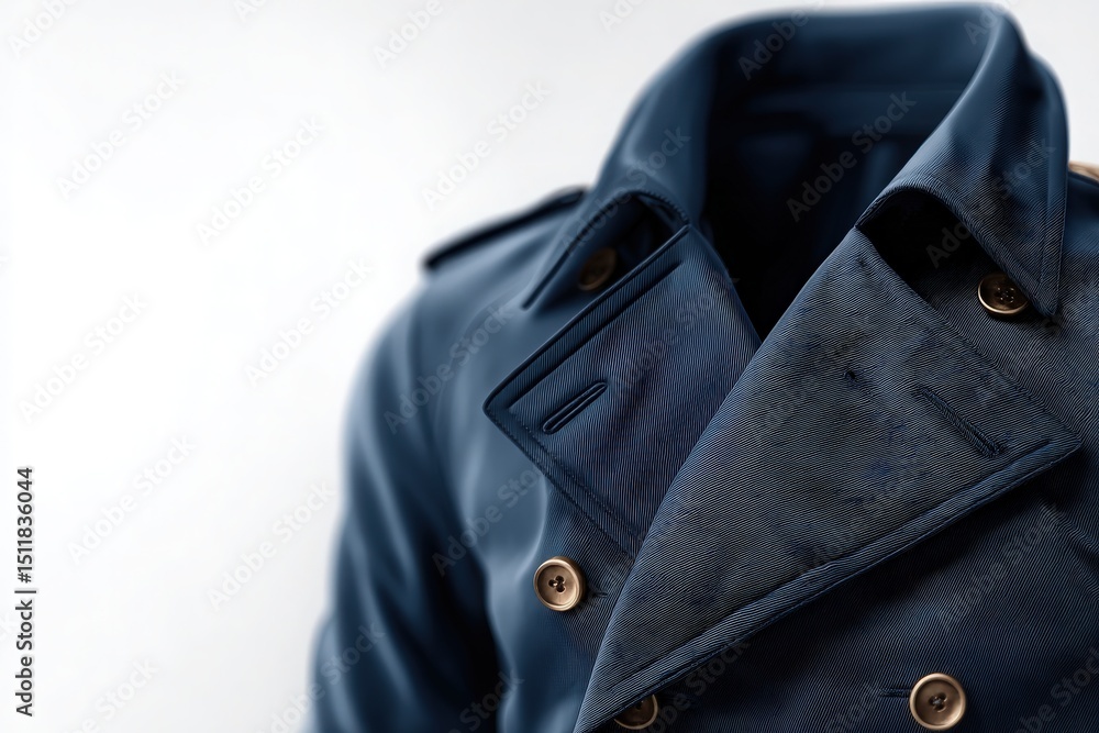 This navy trench coat highlights sophisticated design elements including large buttons, a double-breasted front, and a tailored collar.