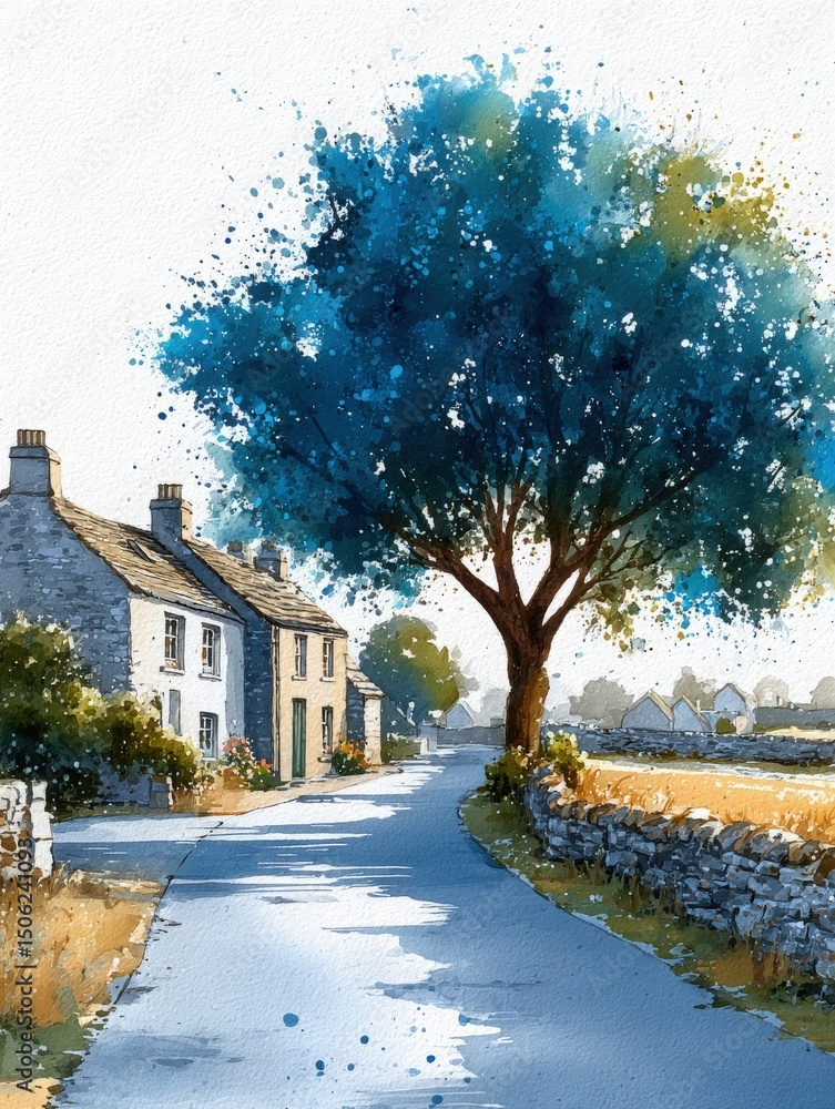 This peaceful countryside view features traditional stone houses lining a winding road. A large tree casts cool shade near the homes, under a bright sky in a tranquil rural setting.