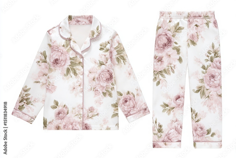 This set features a long-sleeve top and matching pants adorned with soft pink floral patterns. Ideal for cozy evenings at home or a good nights sleep.