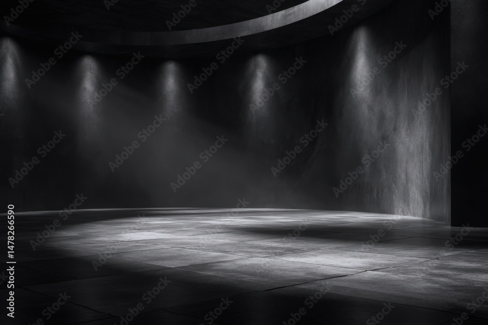 This setting features dark walls and a smooth floor, illuminated by beams of light from above. The atmosphere is moody and dramatic, ideal for creative projects or performances.