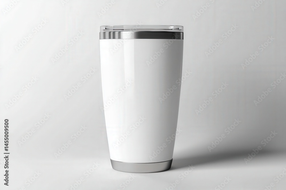 This sleek reusable coffee tumbler features a smooth white exterior and a shiny stainless steel base and lid. Perfect for enjoying beverages on the go, it combines functionality with modern design.