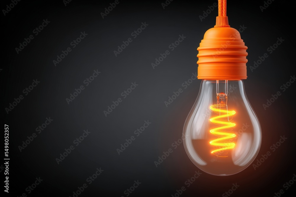 This striking light bulb features an orange holder and a visible spiral filament glowing warmly. It hangs alone, creating an inviting atmosphere against a dark backdrop.