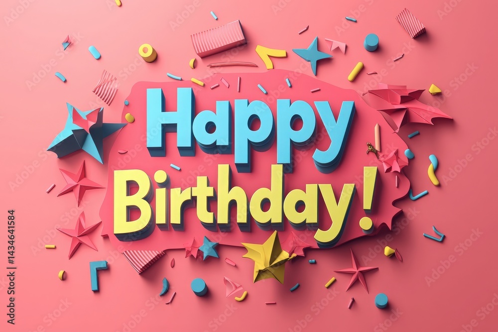 This vibrant birthday decoration features a cheerful Happy Birthday! message surrounded by playful stars and shapes. The colorful elements create a festive atmosphere suitable for celebrations.