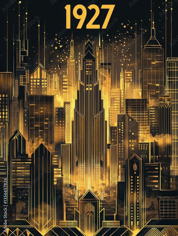 This vibrant cityscape features towering art deco buildings illuminated in gold.