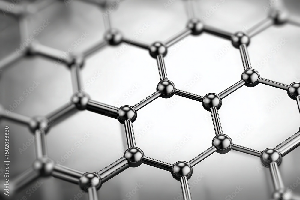 This visual representation captures a section of a graphene lattice with hexagonal patterns. The atomic connections are highlighted, illustrating the materials unique properties and structure.
