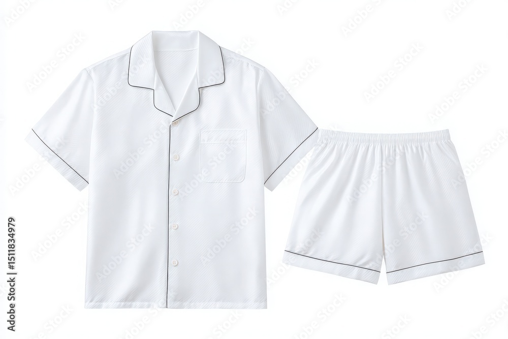 This white pajama set features a short-sleeve button-up shirt and comfortable shorts. It is ideal for lounging at home or a restful nights sleep, promoting relaxation and comfort.