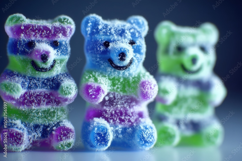 Three cheerful gummy bears display bright colors of blue, green, and purple, dusted with sugar. Their playful expressions add a sense of fun to the charming confectionery arrangement.