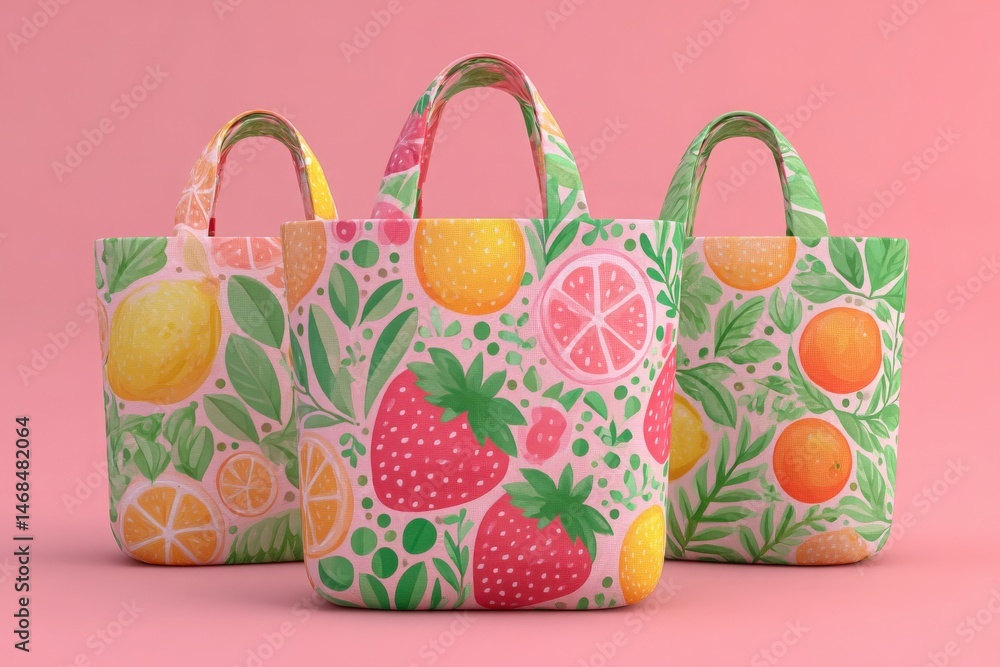 Three colorful tote bags feature playful fruit illustrations, including strawberries, lemons, and oranges. The bags are set against a soft pink backdrop, highlighting their unique designs.