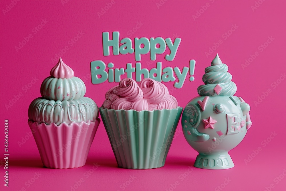 Three decorative cupcakes in pastel colors are arranged against a bright pink background. The center cupcake displays a cheerful Happy Birthday sign, creating a festive atmosphere.