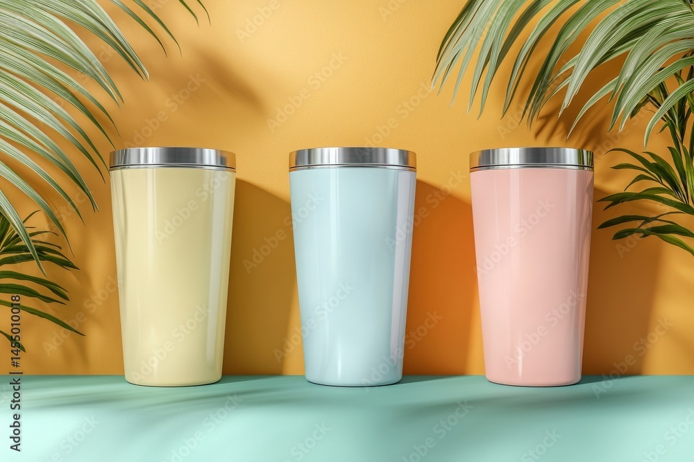Three distinct tumblers in pastel colors stand on a table, showcasing a light yellow, mint green, and soft pink. A warm, sunny backdrop features palm leaves, creating a refreshing ambiance.