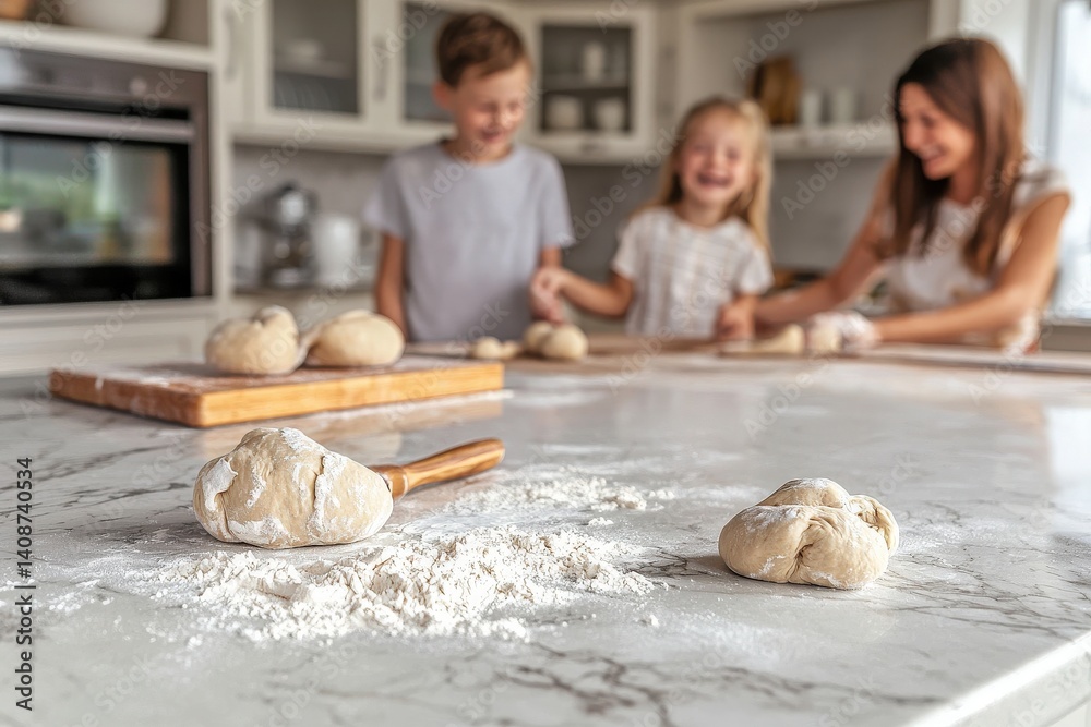 Three family members enjoy a fun baking session in a bright kitchen. Two children and an adult smile as they shape dough, creating a warm and joyful atmosphere filled with flour and laughter.
