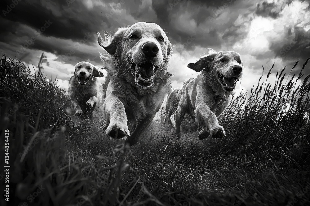 Three golden retrievers sprint playfully across a grassy field, their fur flowing in the wind amidst an overcast sky. The atmosphere is lively and energetic as they enjoy their freedom.