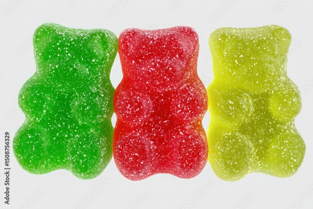 Three gummy bears in green, red, and yellow colors are arranged side by side. Their shiny surfaces sparkle, showcasing their sugary texture, perfect for candy enthusiasts.