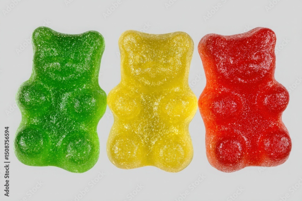 Three gummy bears in green, yellow, and red are lined up side by side. Each bear exhibits a glossy finish, showcasing their playful shapes and vibrant colors on a simple gray background.