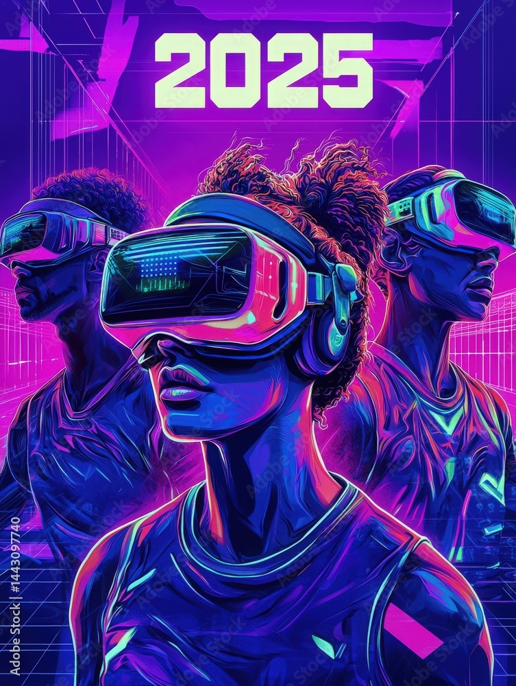 Three individuals wear advanced virtual reality headsets, immersed in a colorful digital environment. The backdrop features vibrant neon lights and geometric structures, hinting at a high-tech future.