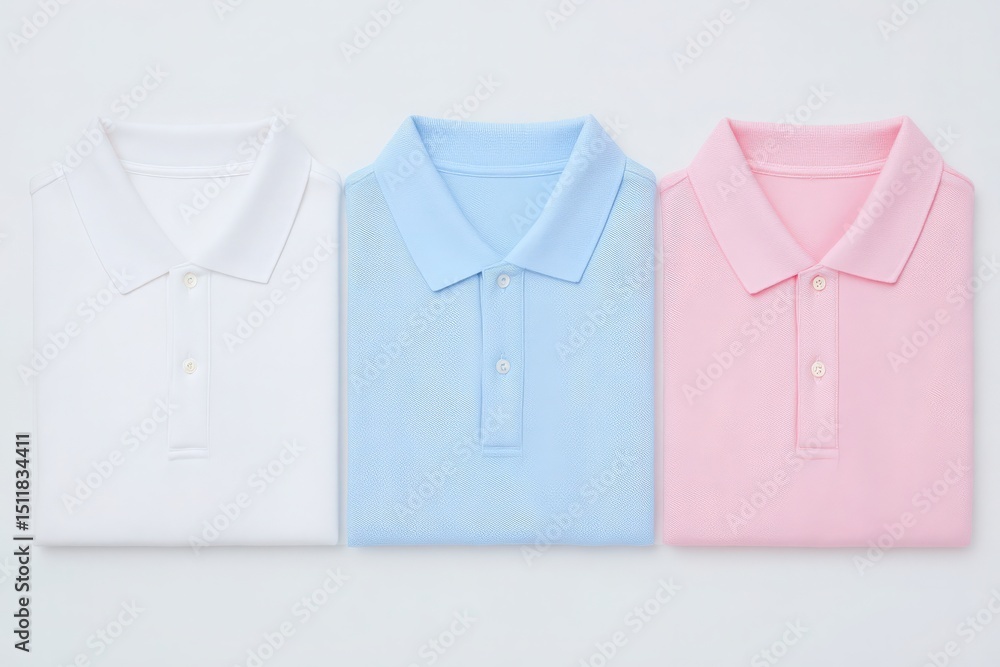 Three neatly folded polo shirts in white, blue, and pink are arranged side by side against a soft, light background. The shirts feature classic collars and buttons, showcasing a clean style.