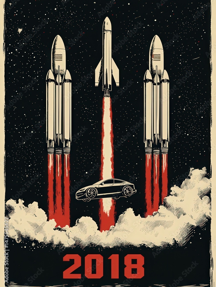 Three rockets ascend prominently against a starry background, surrounded by thick clouds. A sleek car is showcased at the bottom, capturing the essence of innovation and adventure.